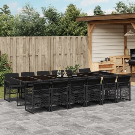 Set mobilier de grădină cu perne, 13 piese, negru, poliratan