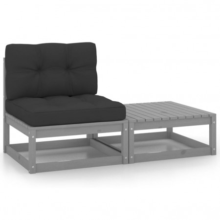 Set mobilier de grădină cu perne, 2 piese, gri, lemn masiv pin