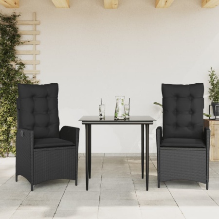 Set mobilier de grădină cu perne, 3 piese, negru, poliratan