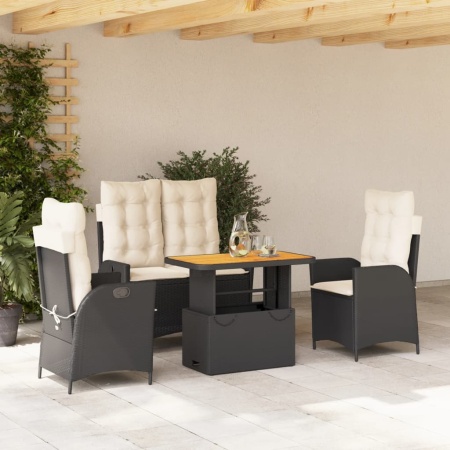 Set mobilier de grădină cu perne, 4 piese, negru, poliratan