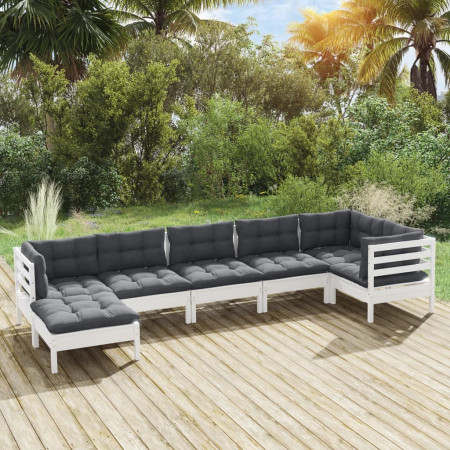 Set mobilier de grădină cu perne, 7 piese, alb, lemn masiv pin