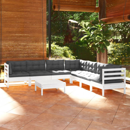 Set mobilier de grădină cu perne, 8 piese, alb, lemn masiv pin
