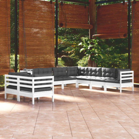 Set mobilier de grădină cu perne, 9 piese, alb, lemn masiv pin