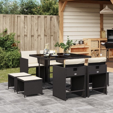 Set mobilier de grădină cu perne, 9 piese, negru, poliratan