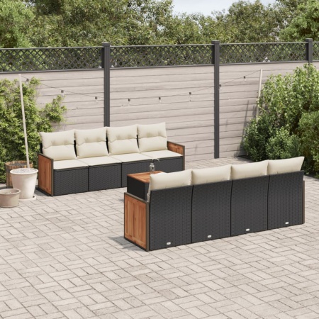 Set mobilier de grădină cu perne, 9 piese, negru, poliratan