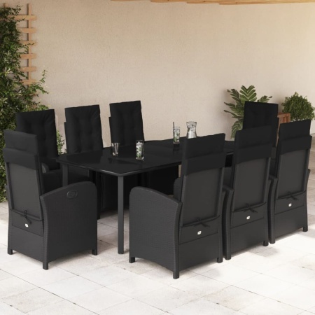 Set mobilier de grădină cu perne, 9 piese, negru, poliratan