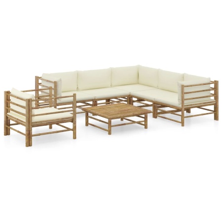 Set mobilier de grădină cu perne alb crem, 7 piese, bambus