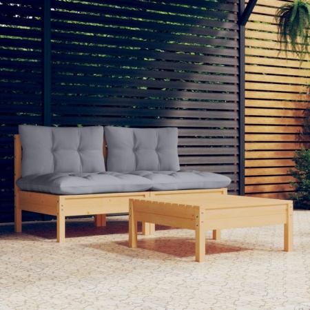 Set mobilier de grădină cu perne gri, 3 piese, lemn de pin