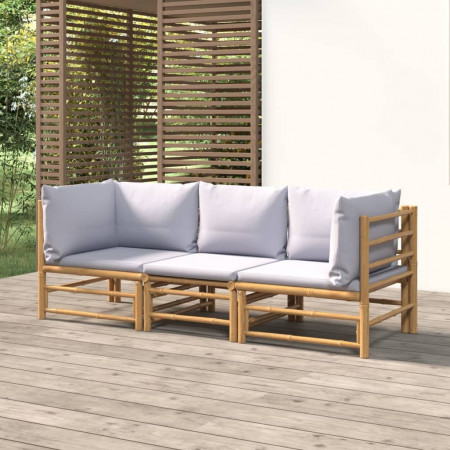 Set mobilier de grădină cu perne gri deschis, 3 piese, bambus