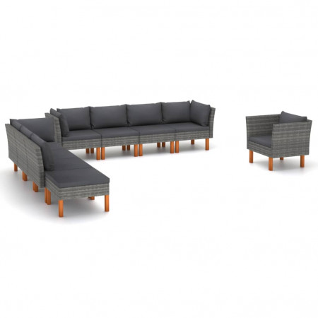 Set mobilier grădină 9 piese gri poliratan/lemn de eucalipt - Img 1