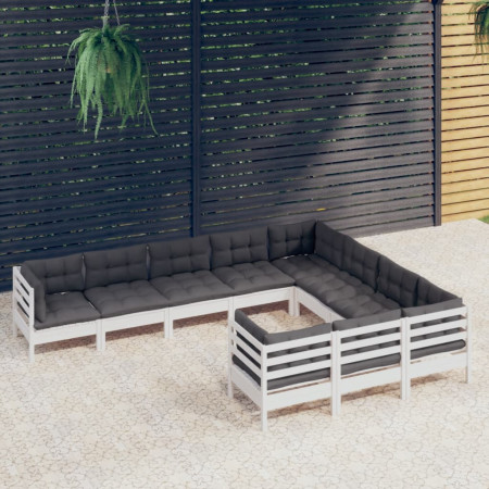 Set mobilier grădină cu perne, 10 piese, alb, lemn de pin