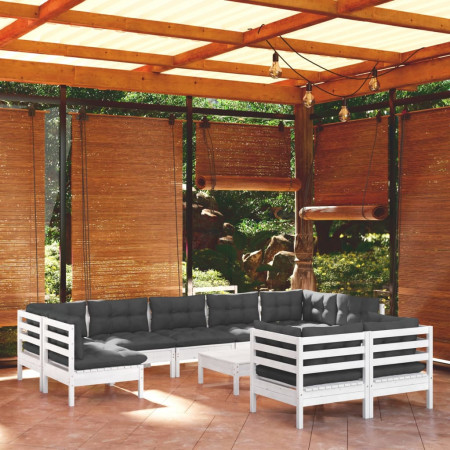 Set mobilier grădină cu perne, 10 piese, alb, lemn masiv pin