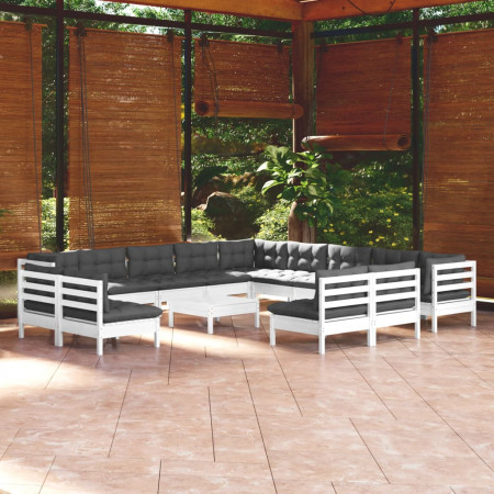 Set mobilier grădină cu perne, 14 piese, alb, lemn masiv pin
