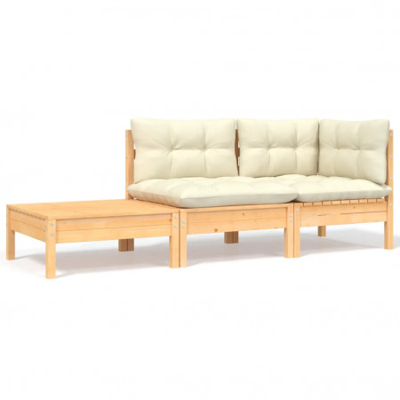 Set mobilier grădină cu perne crem, 3 piese, lemn masiv de pin