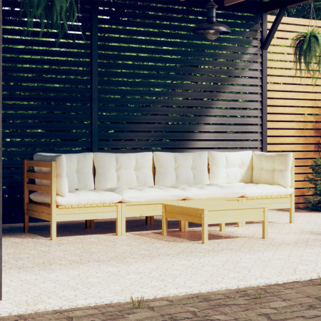 Set mobilier grădină cu perne crem, 5 piese, lemn masiv pin