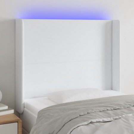 Tăblie de pat cu LED, alb, 103x16x118/128 cm, piele ecologică