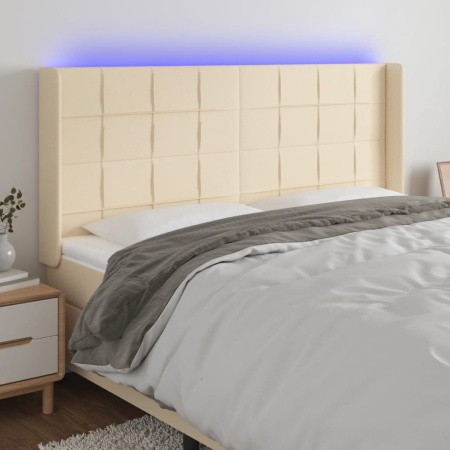 Tăblie de pat cu LED, crem, 203x16x118/128 cm, textil