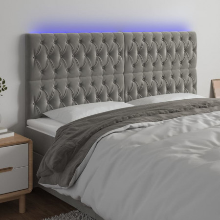 Tăblie de pat cu LED, gri deschis, 200x7x118/128 cm, catifea