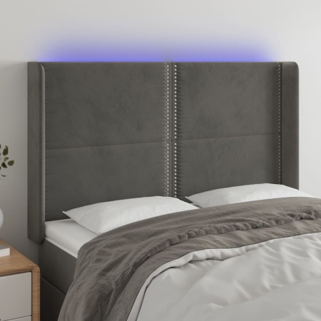 Tăblie de pat cu LED, gri închis, 147x16x118/128 cm, catifea