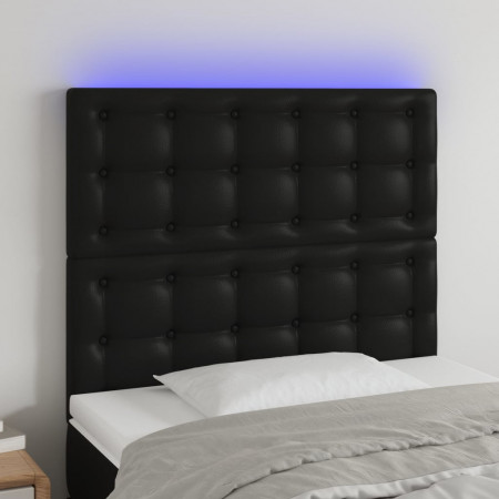 Tăblie de pat cu LED, negru, 100x5x118/128 cm, piele ecologică