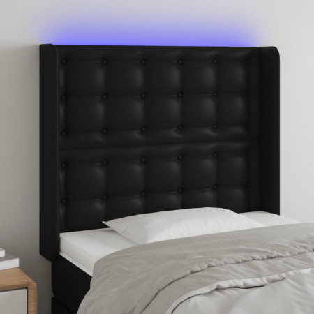 Tăblie de pat cu LED, negru, 103x16x118/128 cm, piele ecologică