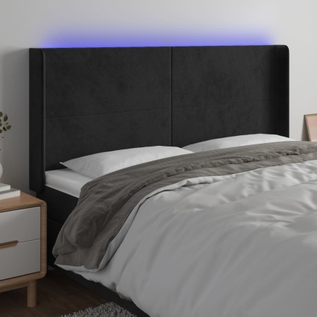 Tăblie de pat cu LED, negru, 183x16x118/128 cm, catifea