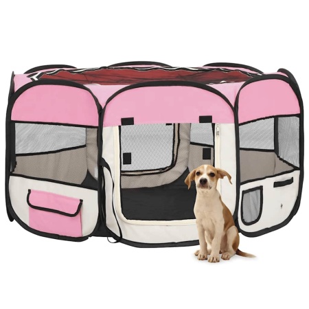 Țarc joacă pliabil câini cu sac de transport roz 125x125x61 cm