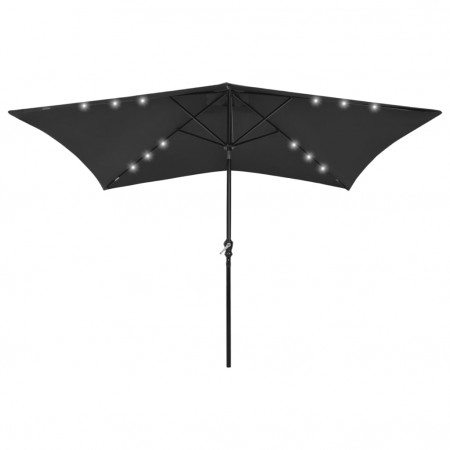 Umbrelă de soare cu stâlp din oțel & LED-uri, negru, 2x3 m