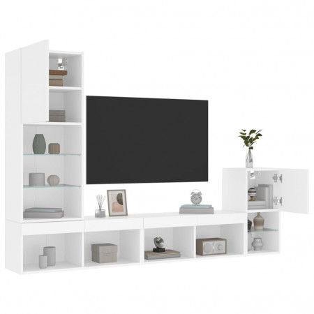 Unități de perete TV cu LED-uri, 4 piese, alb, lemn prelucrat