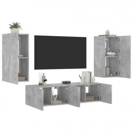 Unități TV de perete cu LED-uri 4 piese gri beton lemn compozit