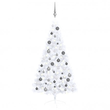 Brad Crăciun artificial jumătate set LED & globuri alb 150 cm