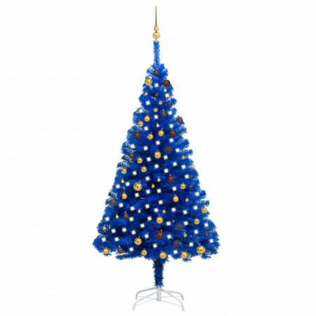 Brad Crăciun pre-iluminat cu set globuri, albastru, 210 cm, PVC