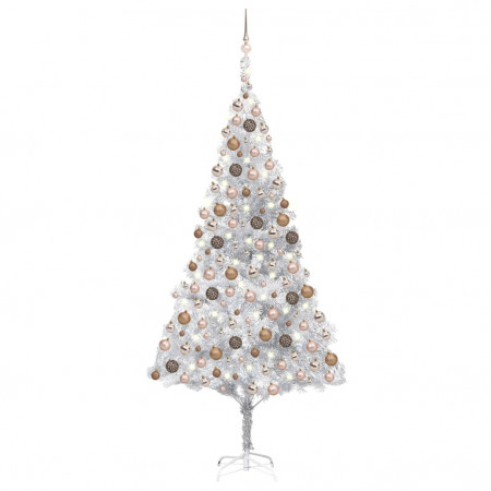 Brad Crăciun pre-iluminat cu set globuri, argintiu, 210 cm, PET - Img 1