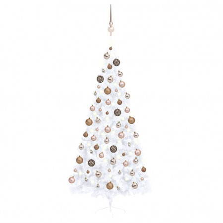 Brad de Crăciun artificial jumătate cu LED&globuri alb 210 cm