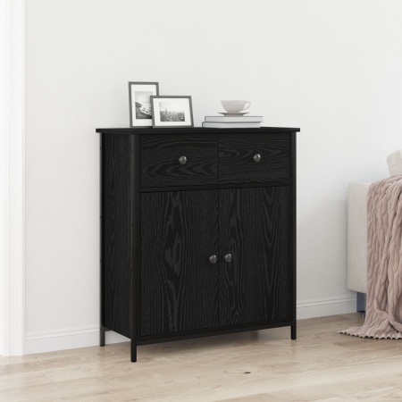 Bufet Negru Stejar 70x30x80 cm Lemn Agregat și Oțel