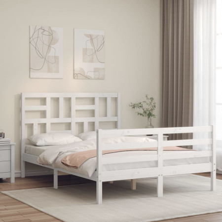 Cadru de pat cu tăblie, dublu, alb, lemn masiv