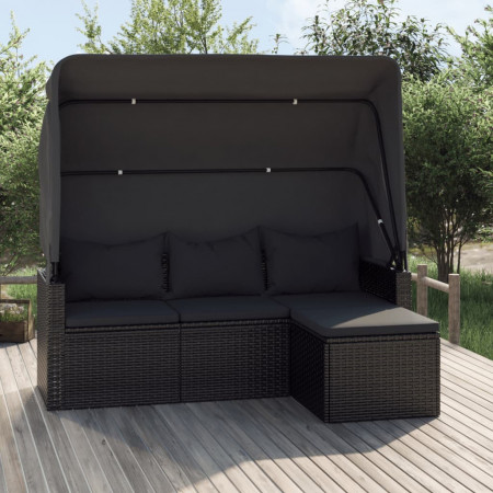 Canapea grădină 3 locuri cu acoperiș și taburet negru poliratan