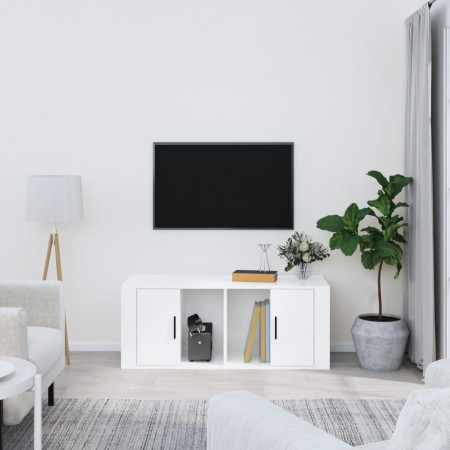 Comodă TV, alb extralucios, 100x35x40 cm, lemn prelucrat