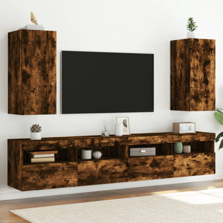 Comodă TV de perete cu LED, 2 buc. stejar fumuriu,30,5x35x70 cm