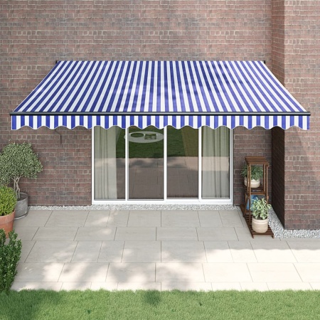 Copertină retractabilă automată, albastru și alb, 4,5x3 m