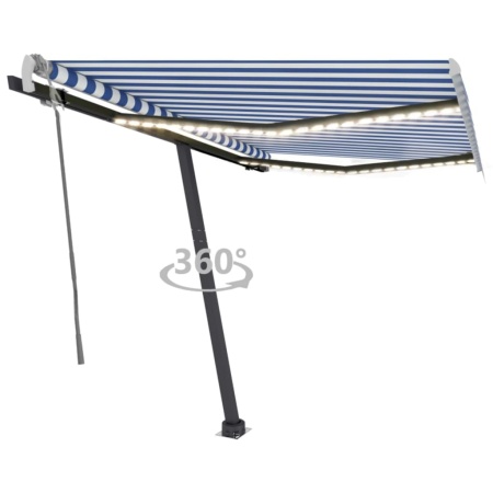 Copertină retractabilă manual cu LED, albastru&alb, 350x250 cm