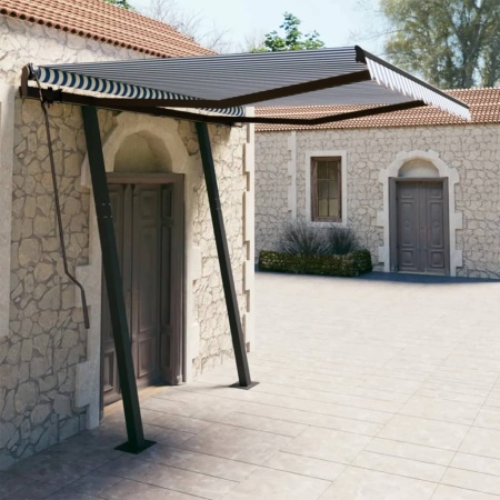 Copertină retractabilă manual cu stâlpi, albastru&alb 3,5x2,5 m