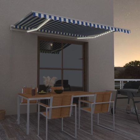 Copertină retractabilă manual LED, albastru și alb, 400x300 cm