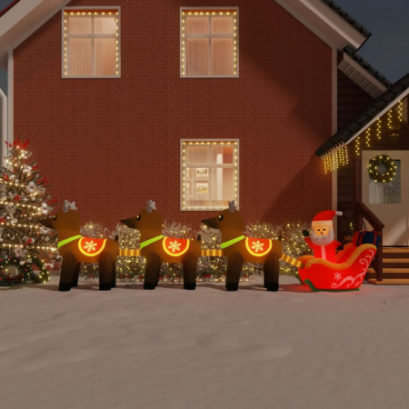 Decorațiune gonflabilă cu Moș Crăciun și reni, LED-uri, 138 cm