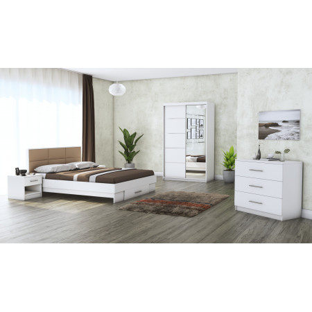 Dormitor Solano, alb, dulap 120 cm, pat cu tablie tapitata camel 140x200 cm, 2 noptiere, comoda - Img 1