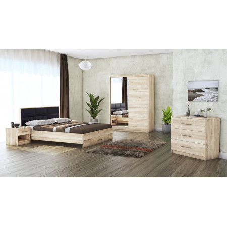 Dormitor Solano, sonoma, dulap 150 cm, pat cu tablie tapitata negru 160×200 cm, 2 noptiere, comoda