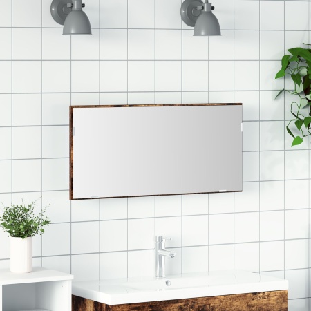 Dulap de baie cu oglindă și lumină LED stejar fumuriu 80x37 cm