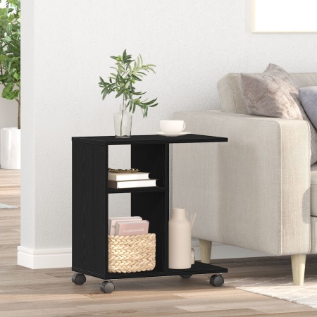 Măsuța laterală cu roți Negru Stejar 50x30x55 cm din lemn prelucrat