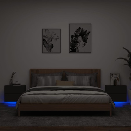 Noptiere montate pe perete cu lumini LED, 2 buc., negru