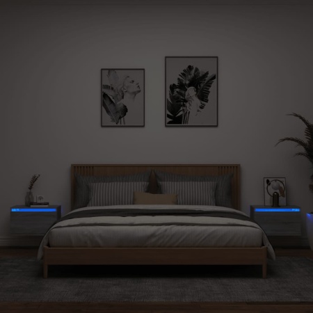 Noptiere montate pe perete cu lumini LED, 2 buc., sonoma gri